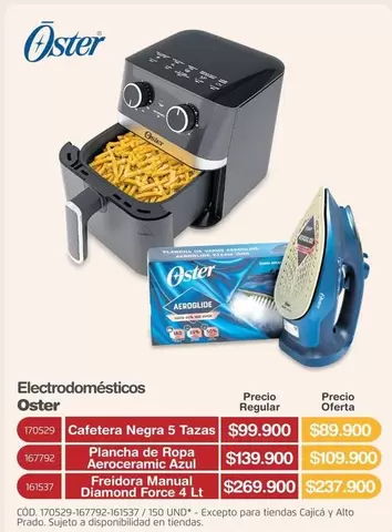 Oster - Cafetera Negra 5 Tazas, Plancha de Ropa Aeroceramic Azul, Freidora Manual Diamond Force 4 Lt