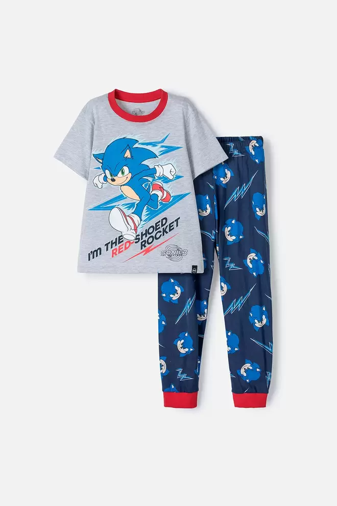 Pijama de sonic gris, azul y roja de pantalón largo para niño