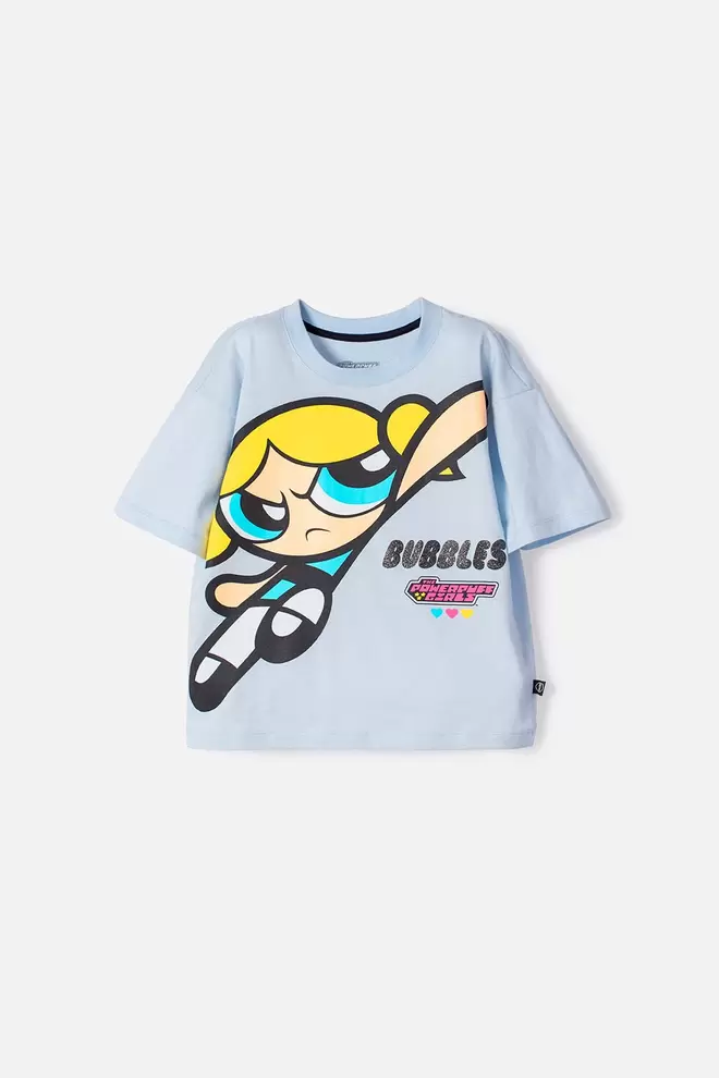 Camiseta de las Chicas Superpoderosas azul estampada en frente para niña