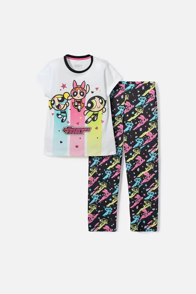Pijama de las Chicas Superpoderosas blanca y negra de pantalón largo para niña