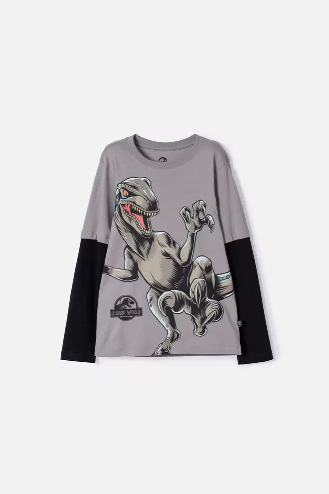 Camiseta de Jurassic World gris y negra doble manga para niño