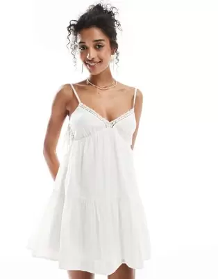 Bershka textured mini dress with lace trim in white