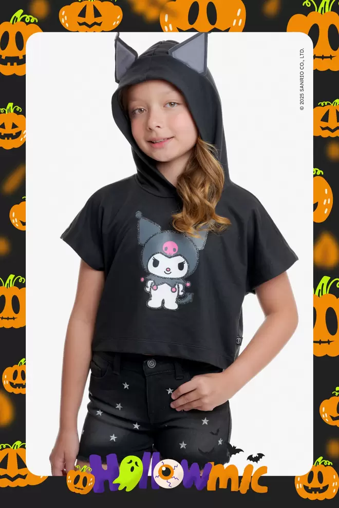 Camiseta de Kuromi con capucha negro para niña.