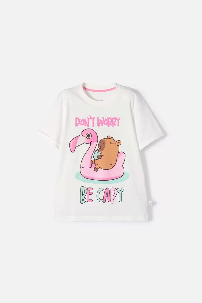 Camiseta de Capybara marfil estampada en frente para niña