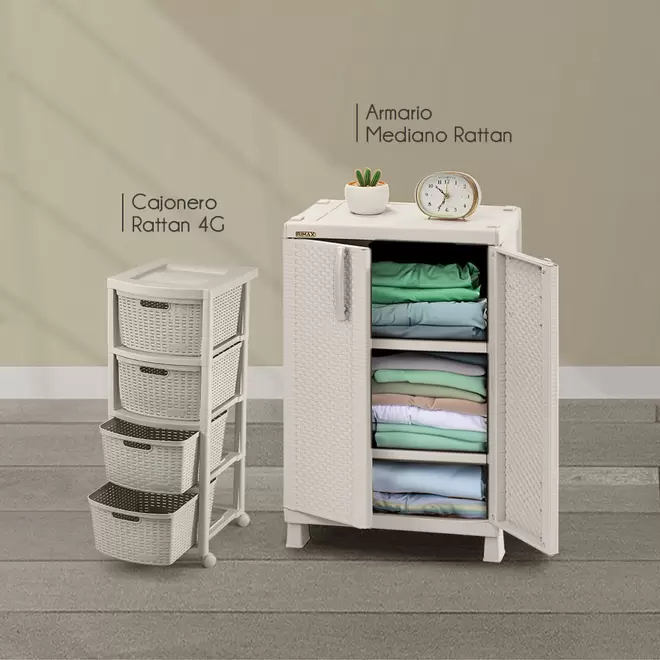 Combo Alcoba (Armario Mediano Apariencia Rattan + Cajonero Apariencia Rattan 4 Gavetas Altas)