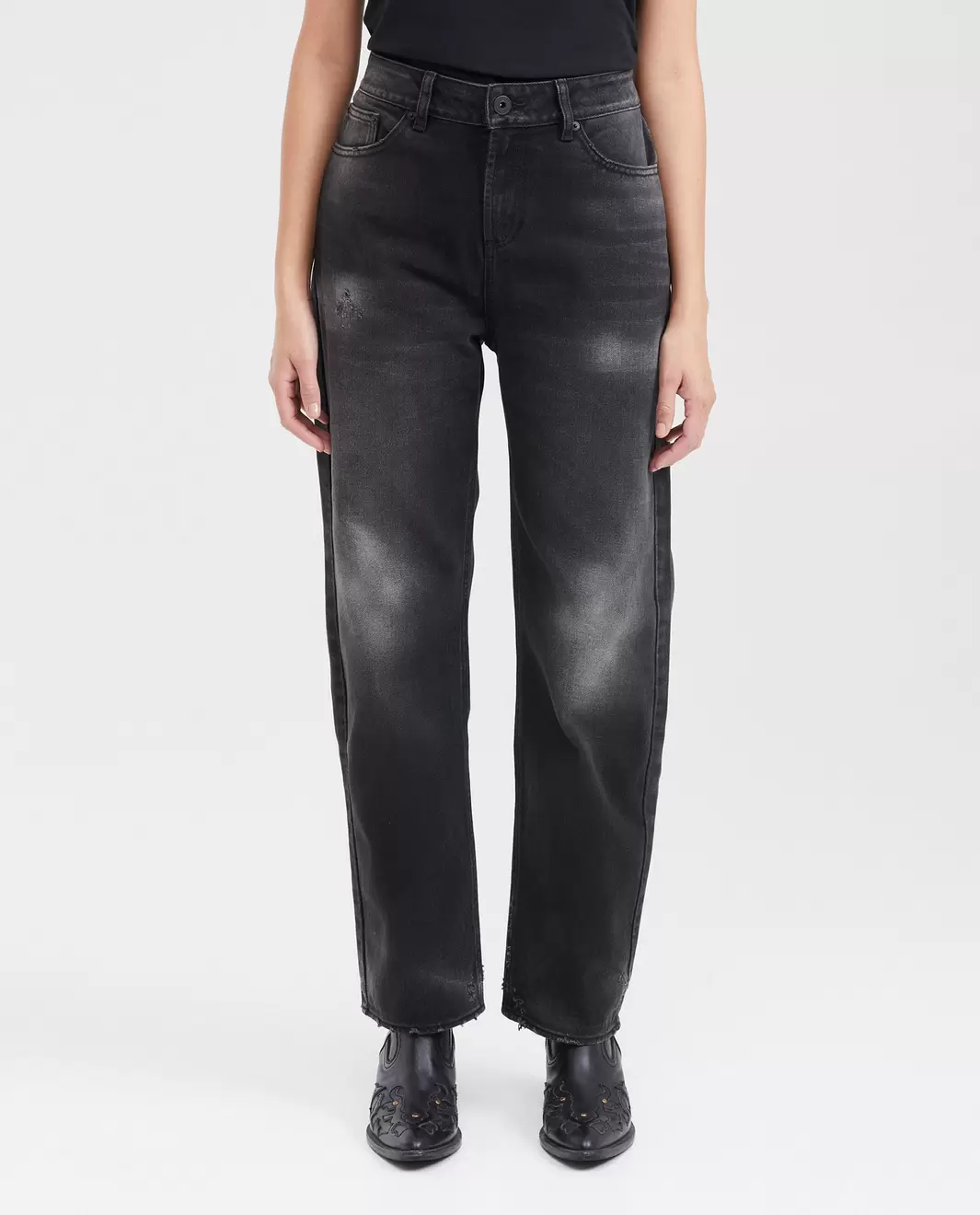 Jean Boyfit Tiro Medio Boot Cut Azul Oscuro con Rotos para Mujer