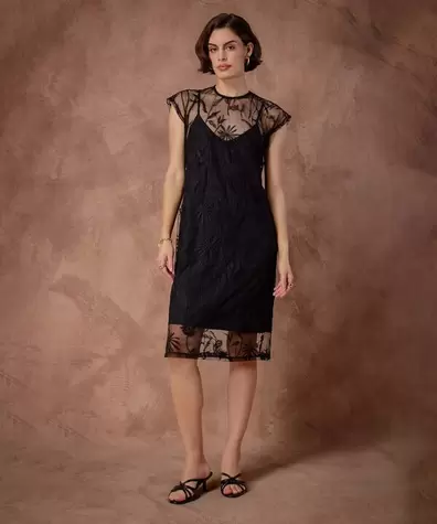 Vestido Corto Mujer Encaje Bordado Transparente