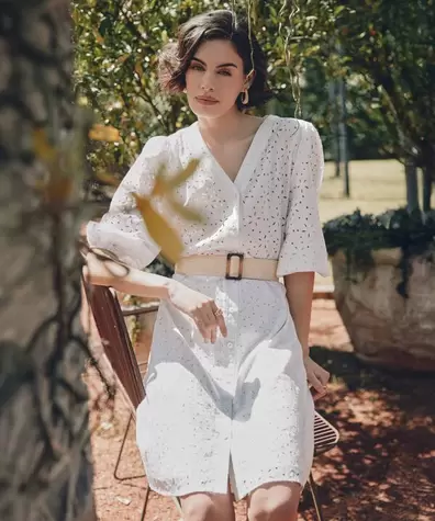 Vestido Camisero Perforado Con Cinturón Para Mujer