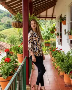 Blusa manga 3/4 con ojalte  estampada