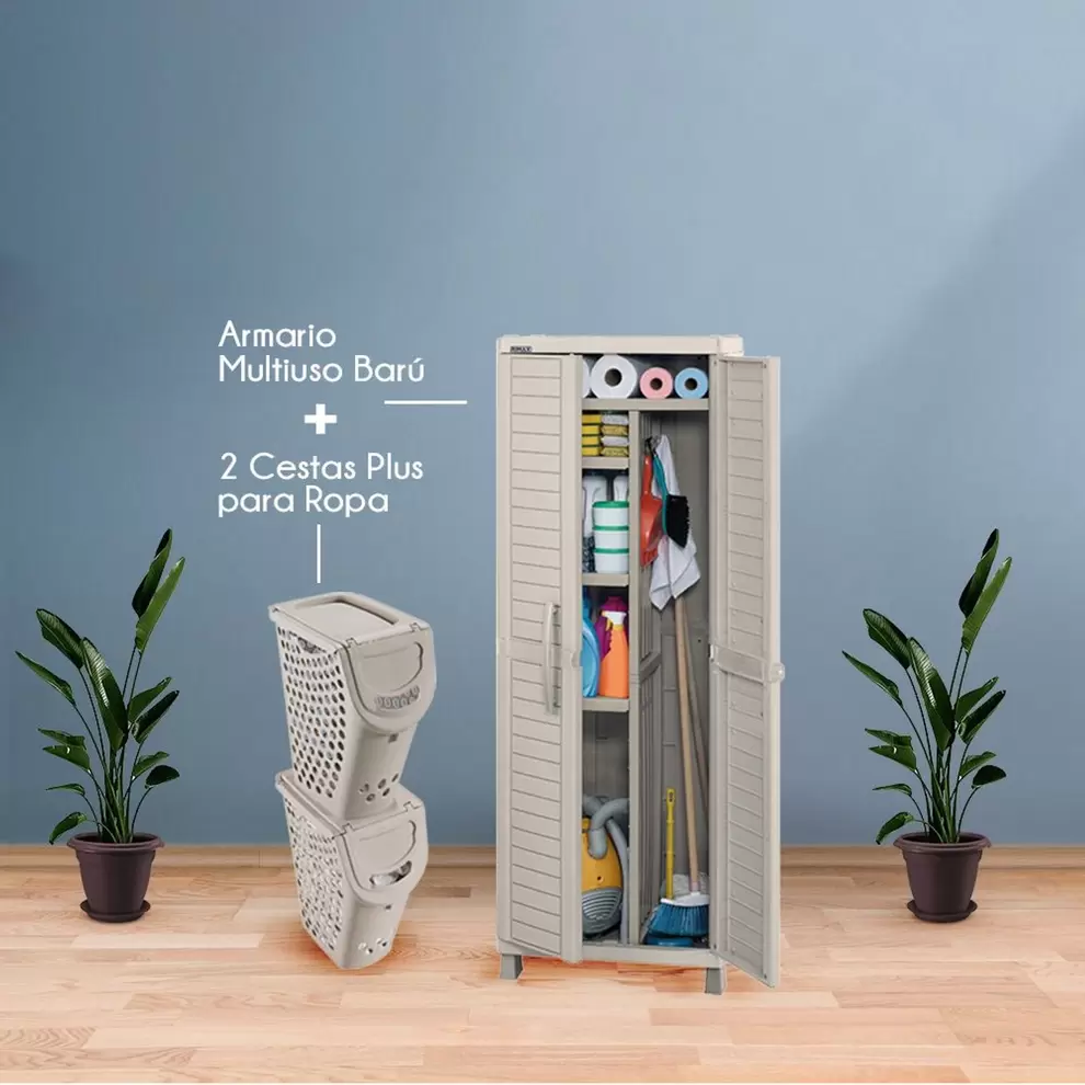 Combo organizador zona de ropas, 1 Armario multiusos Barú, 2 Cesta plus para ropa