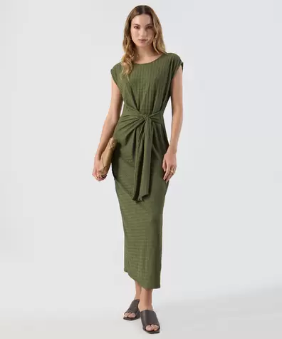 Vestido Para Mujer Midi Textura Nudo Frontal Elegante
