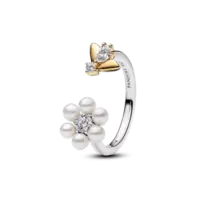 Anillo Abierto Abeja Bridgerton y Flor con Perla Culvada de Agua Dulce Tratada