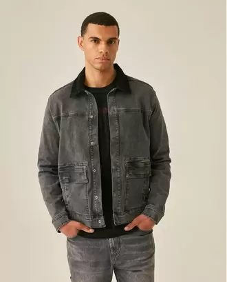 Chaqueta Heritage de Hombre Trucker Silueta Recta Lavado Gris con Cuello en Corduroy en Mezcla de Algodón