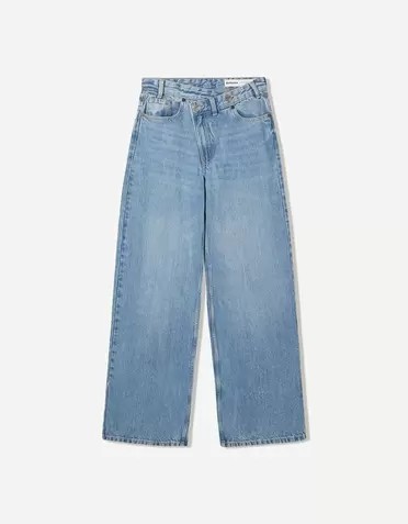 Jeans wide leg tiro alto cintura cruzada
