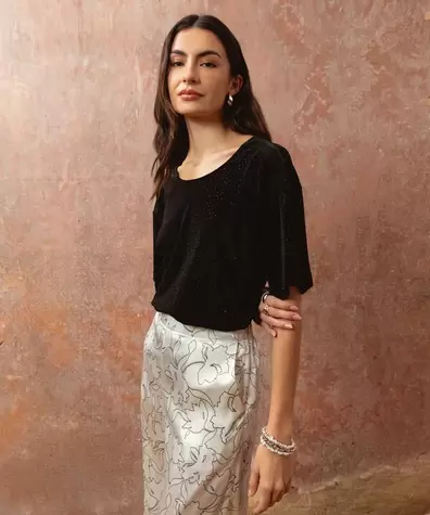 Blusa Para Mujer Con Brillos Suaves Escote Redondo