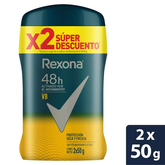 2 Desodorante Rexona Men V8 en Barra 50 mL c/u Oferta