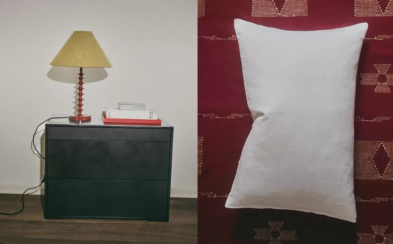 MESITA DE NOCHE MADERA METAL, LÁMPARA MESA Y ALFOMBRA ESTAMPADO GEOMÉTRICO