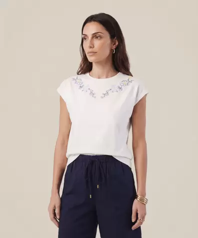 Camiseta con Bordado en Escote para Mujer