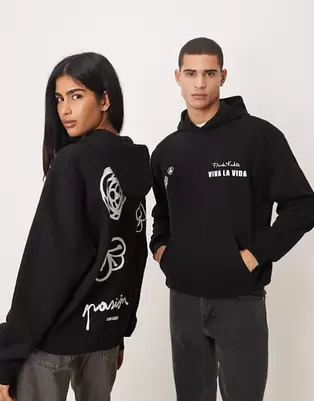 ASOS DESIGN unisex relaxed hoodie with print in Black