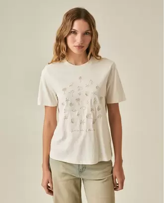 Camiseta de Mujer Gráfica Slim Fit Cuello Redondo con Bordado Verano en Mezcla de Algodón y Lino