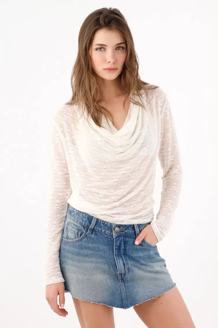 Camiseta fit relajado con cuello drapeado en poliamida blanco para mujer