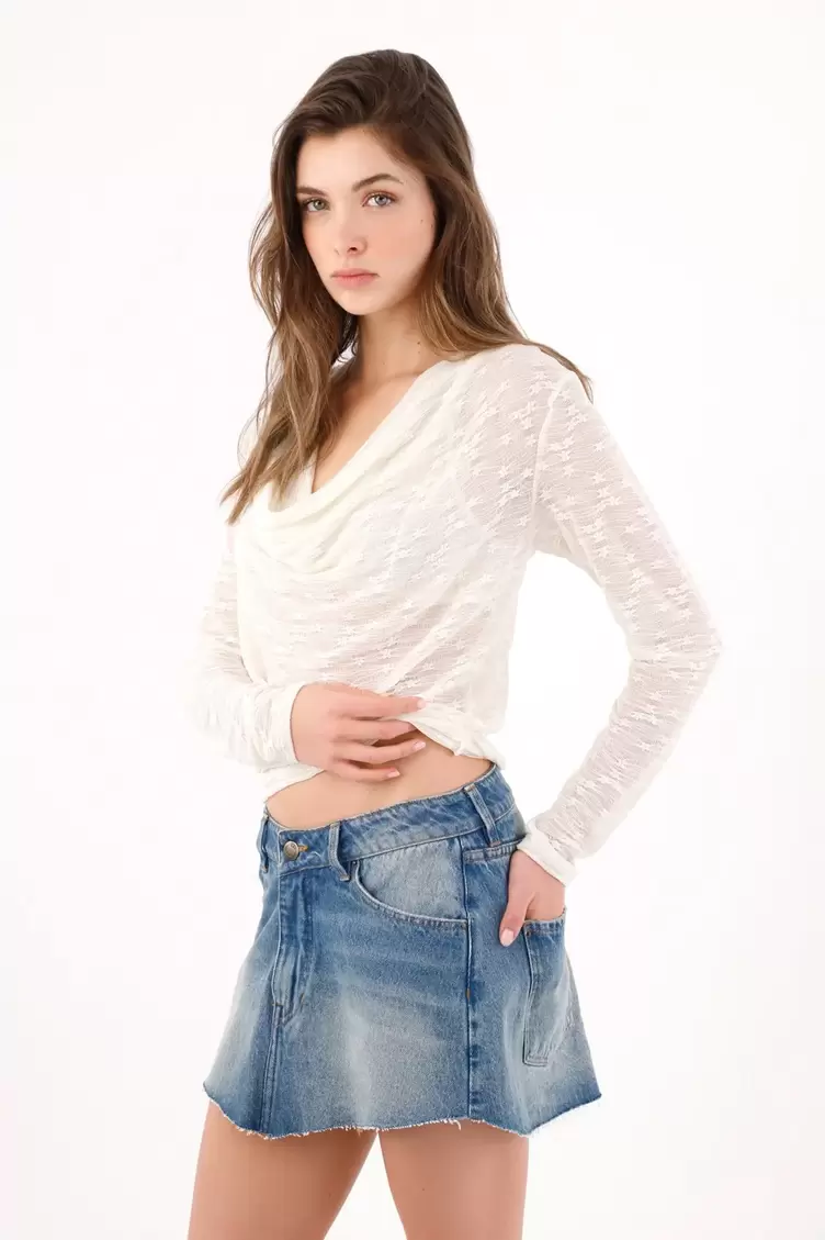 Falda corta corte A con ruedo deshilachado en algodón azul para mujer