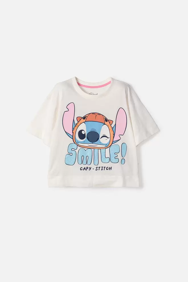 Camiseta de Stitch y capybara manga corta marfil para niña