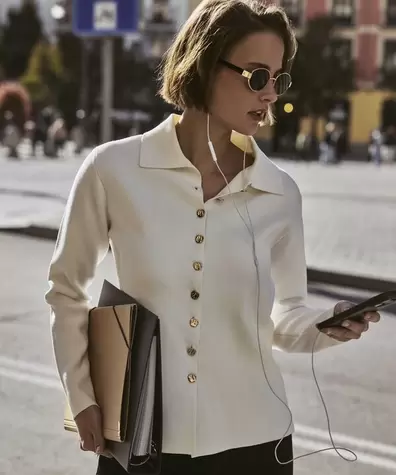 Cárdigan De Punto Con Cuello Camisero Mujer