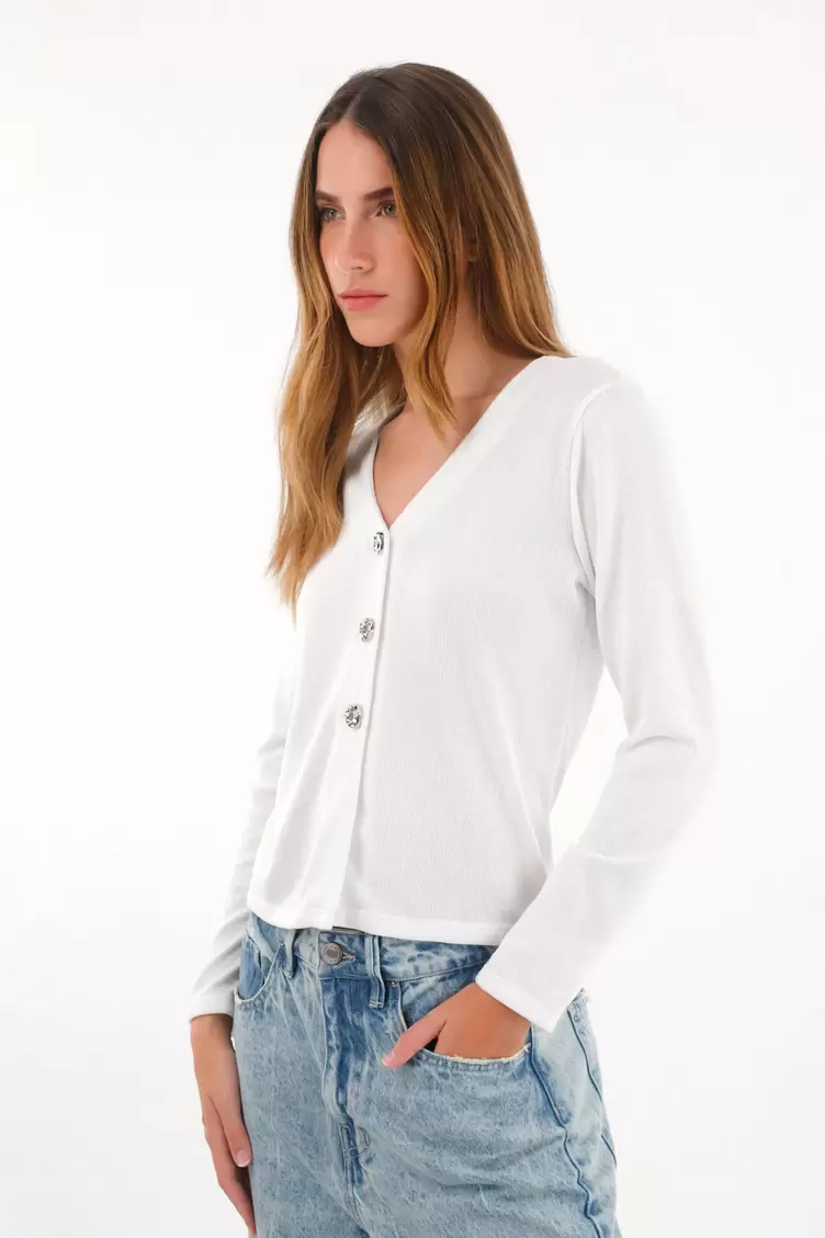 Buzo tejido con botones en frente crudo para mujer