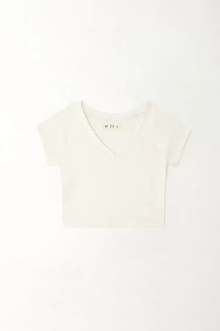 Camiseta tipo crop crudo para mujer