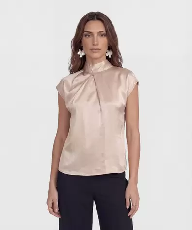 Blusa Manga Corta con Cuello Alto para Mujer