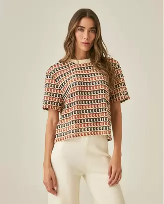 Camiseta de Mujer Moda Oversized Cuello Redondo Efecto Tejido Multicolor en Poliéster