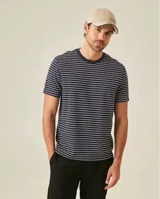 Camiseta de Hombre Slim Fit Manga Corta de Rayas con Marquilla Bandera en Mezcla de Algodón
