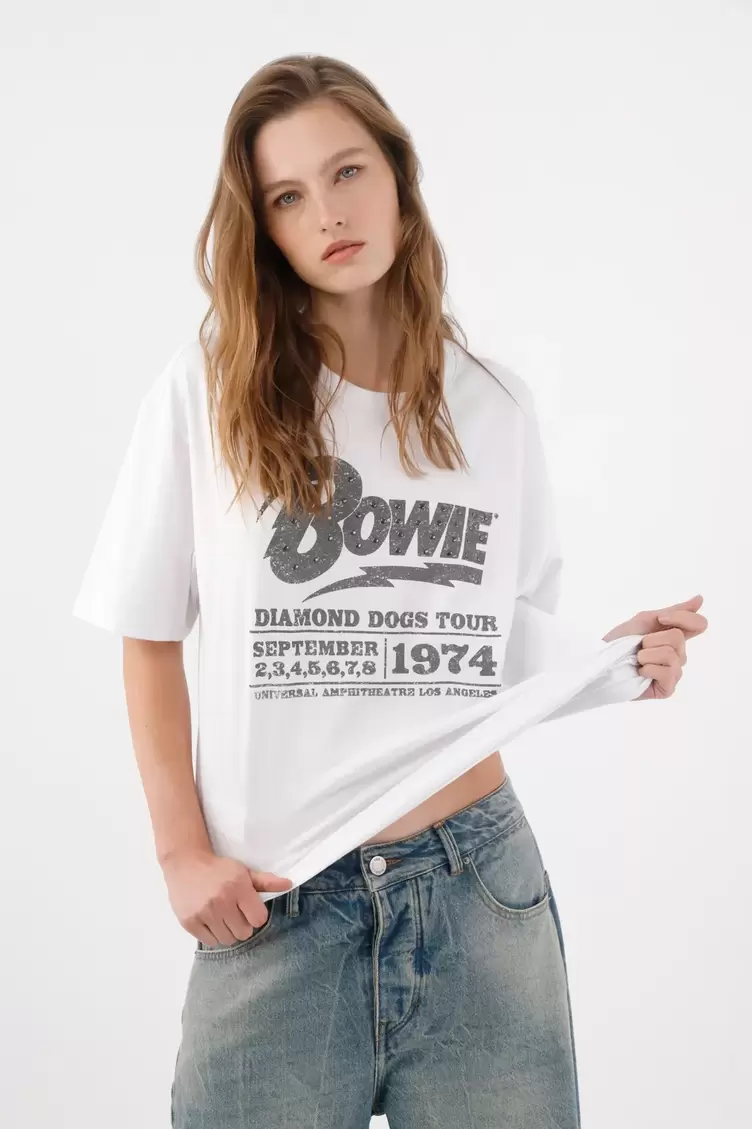 Camiseta fit relajado con gráfico Bowie 1974 de algodón blanco para mujer