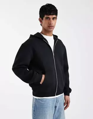 ASOS DESIGN essentials relaxed zip through hoodie in black