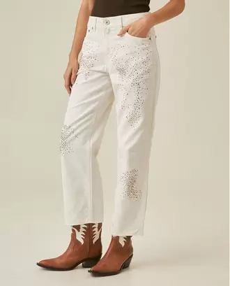 Jean de Mujer Straight Crop Fit Tiro Alto Piedras con Brillo Color Denim en Algodón Madres