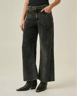 Jean de Mujer Straight-Wide Leg Tiro Alto Tela Corduroy Lavado Oscuro en Mezcla de Algodón Madres