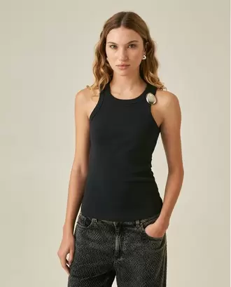 Camiseta de Mujer Tipo Tank Ajustada con Prendedor Removible Textura Acanalada en Mezcla de Algodón Madres