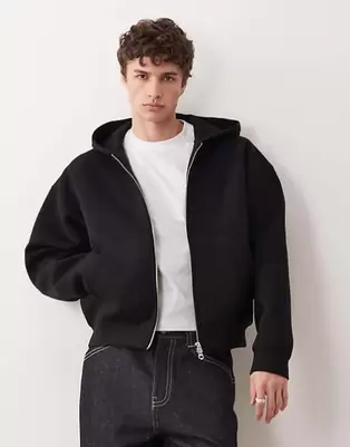 Weekday Simon zip through hoodie in black in scuba-style fabric