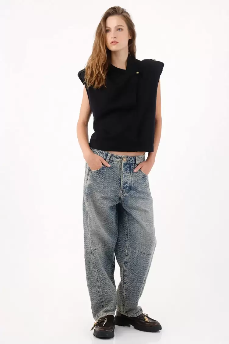 Jean horseshoe con lavado marmoleado en denim de algodón azul para mujer