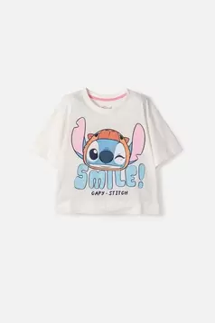 Camiseta de Stitch y capybara manga corta marfil para niña