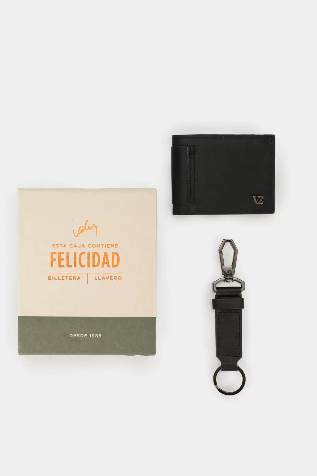 Kit billetera y llavero de cuero vintage Negro