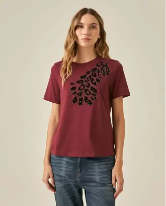 Camiseta de Mujer Gráfica Slim Fit Cuello Redondo Animal Print con Flock y Piedras en Algodón