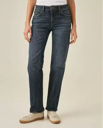Jean de Mujer Straight Fit Tiro Alto con Bordado Logo Cursivo Lavado Oscuro en Mezcla de Algodón
