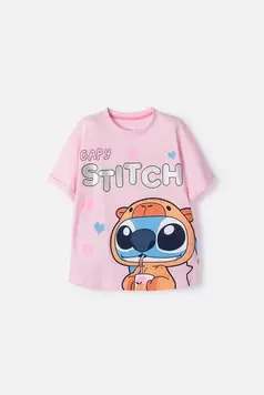 Camiseta de Stitch y Capybara manga corta rosada para niña