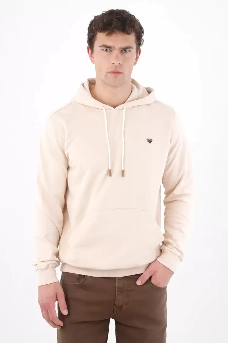 Buzo hoodie regular con mini bordado en algodón beige para hombre