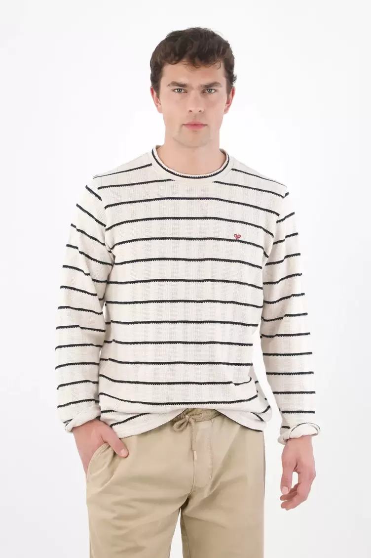 Buzo relajado con textura waffle en algodón crudo con rayas para hombre