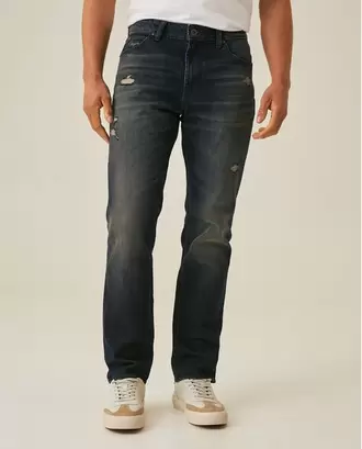 Jean de Hombre Slim Fit Tiro Medio Lavado Oscuro con Rotos y Parches en Mezcla de Algodón Morrison