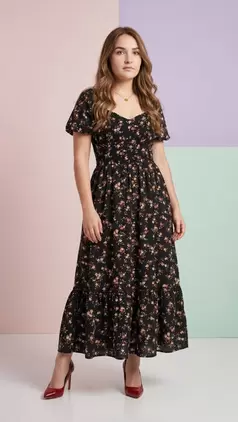 Vestido Maxi Floral con Nido de Abeja y Mangas Abullonadas