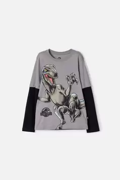 Camiseta de Jurassic World gris y negra doble manga para niño